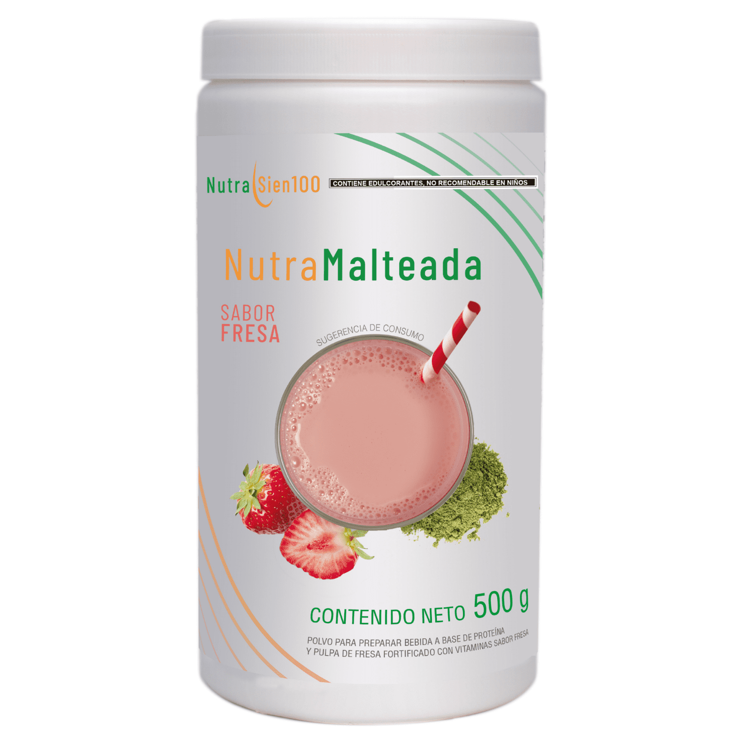 Nutrasien100 Malteada de proteína sabor Fresa. Sin grasa Sin azúcar. 15 g proteína 500g 17 porciones. Nutramalteada