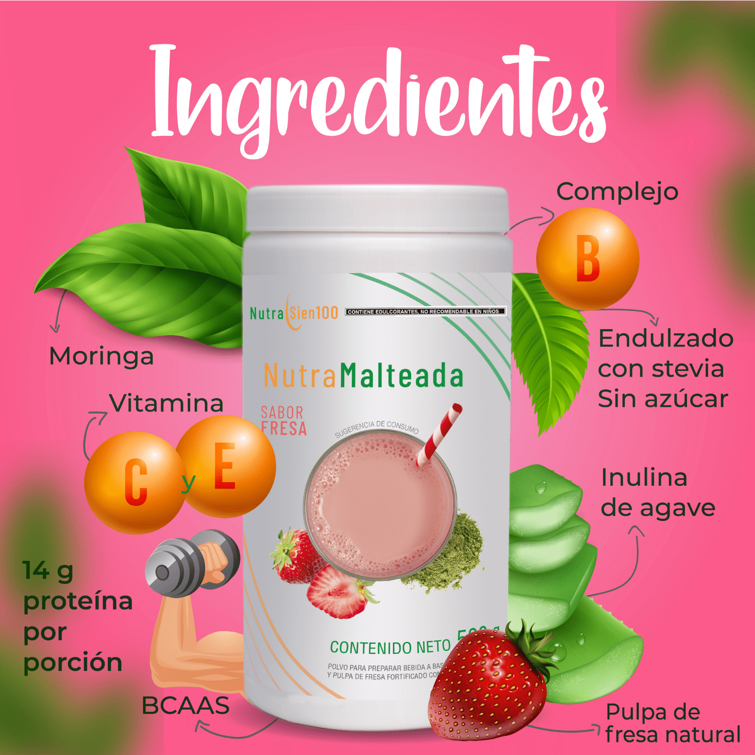 Nutrasien100 Malteada de proteína sabor Fresa. Sin grasa Sin azúcar. 15 g proteína 500g 17 porciones. Nutramalteada