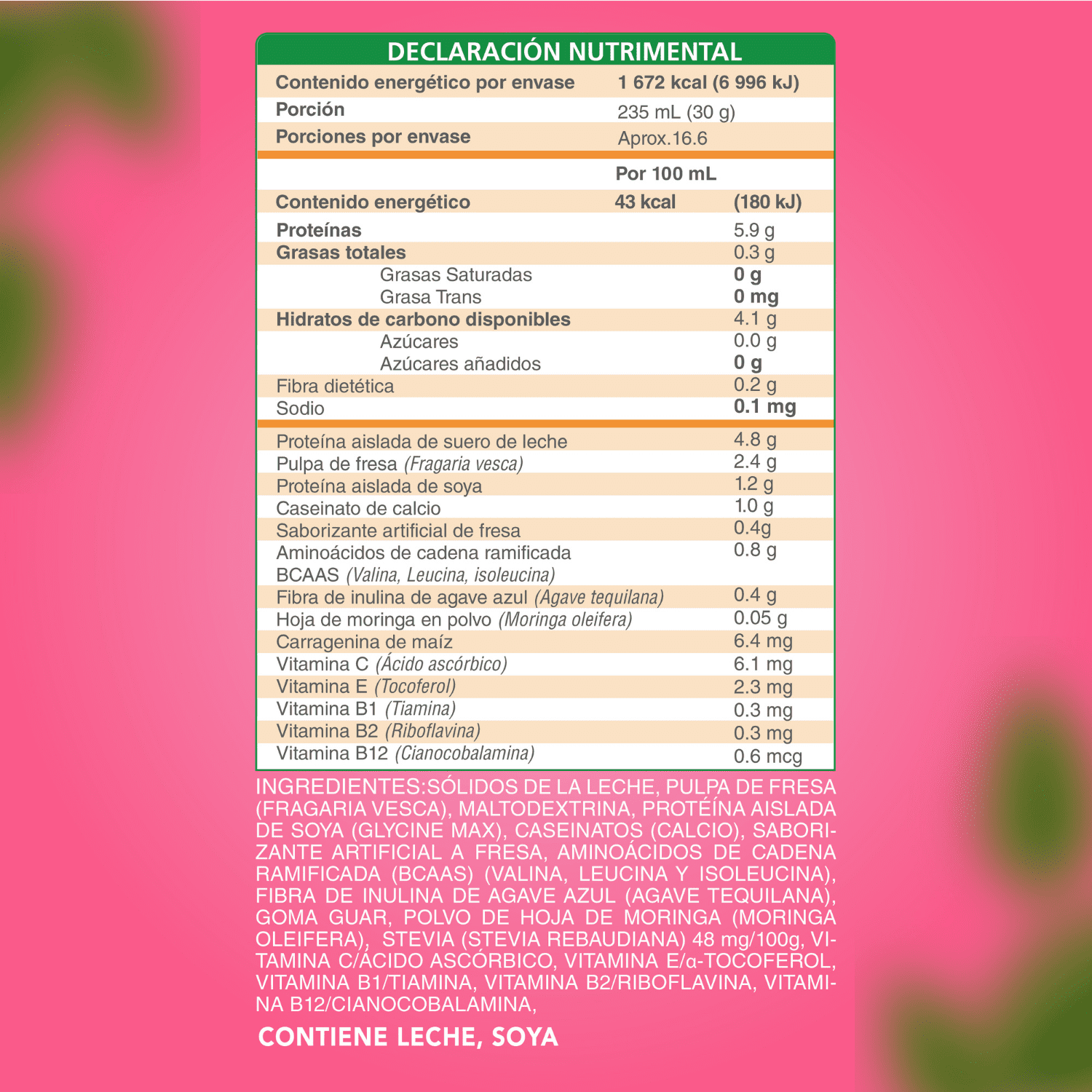 Nutrasien100 Malteada de proteína sabor Fresa. Sin grasa Sin azúcar. 15 g proteína 500g 17 porciones. Nutramalteada