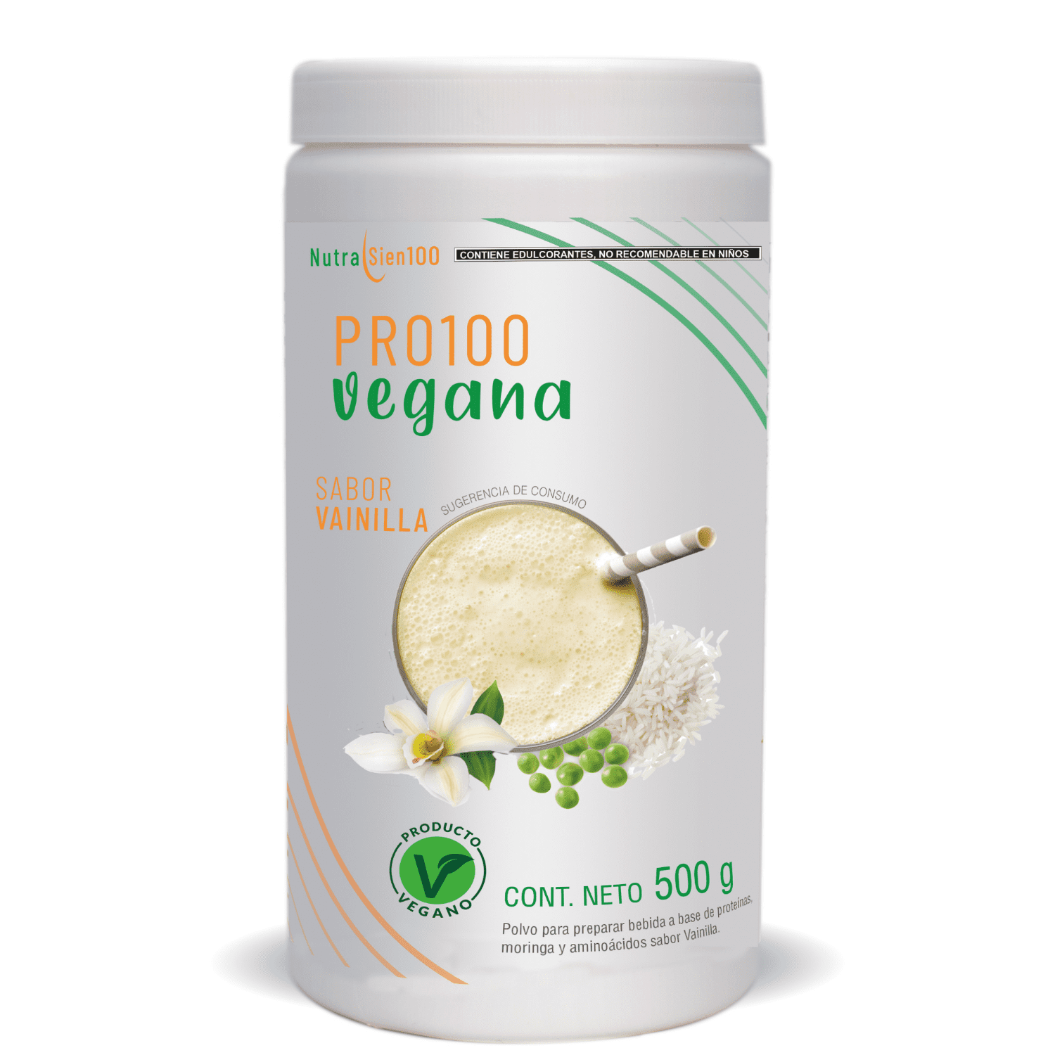 Nutrasien100 Proteína Vegana sabor Vainilla. Ideal para Keto, Pre workout, Vegano, Paleo. Sin azúcar. Fácil digestión. Ideal hombres y mujeres. 500g – 17 porciones. Pro100 vegana