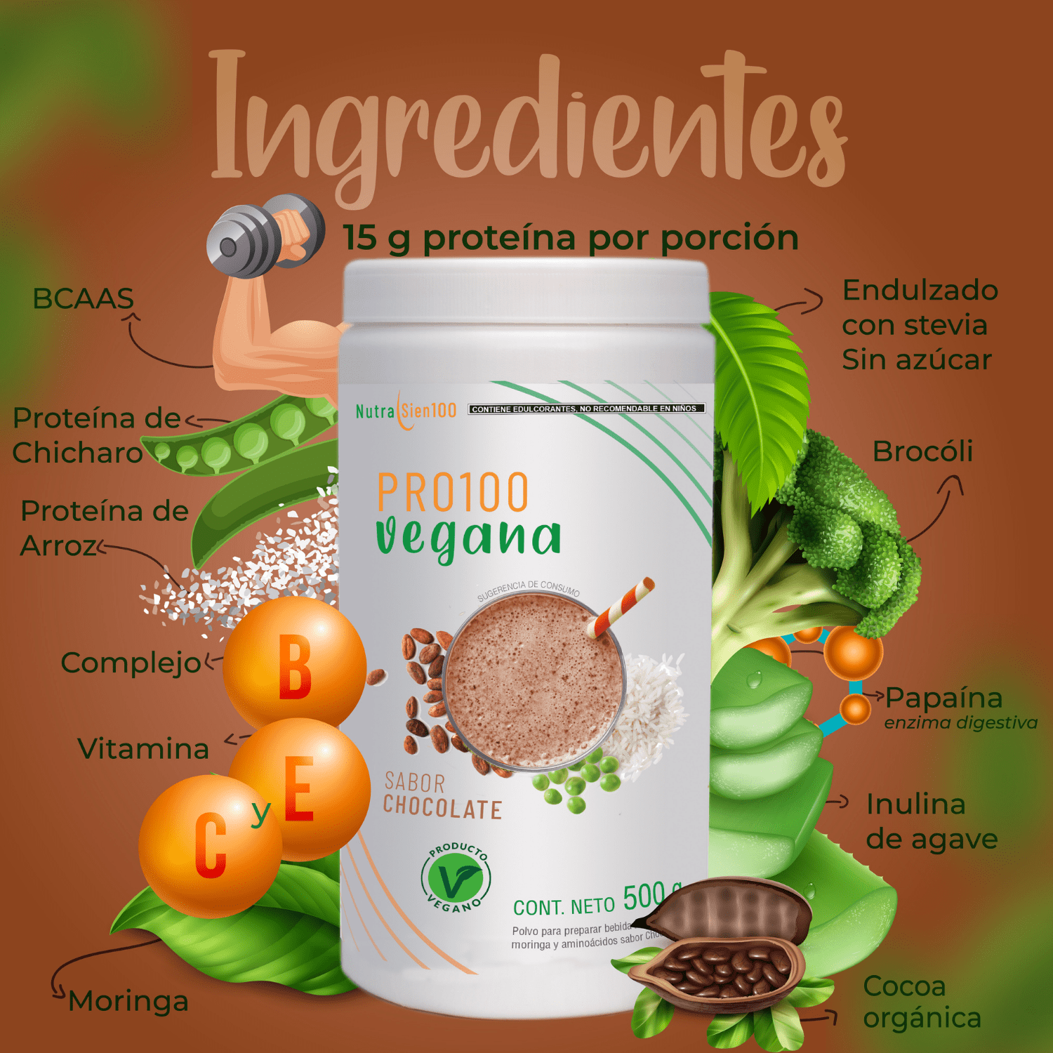 Nutrasien100 Proteína Vegana sabor Chocolate. Ideal para Keto, Pre workout, Vegano, Paleo. Sin azúcar. Fácil digestión. Ideal hombres y mujeres. 500g – 17 porciones.
