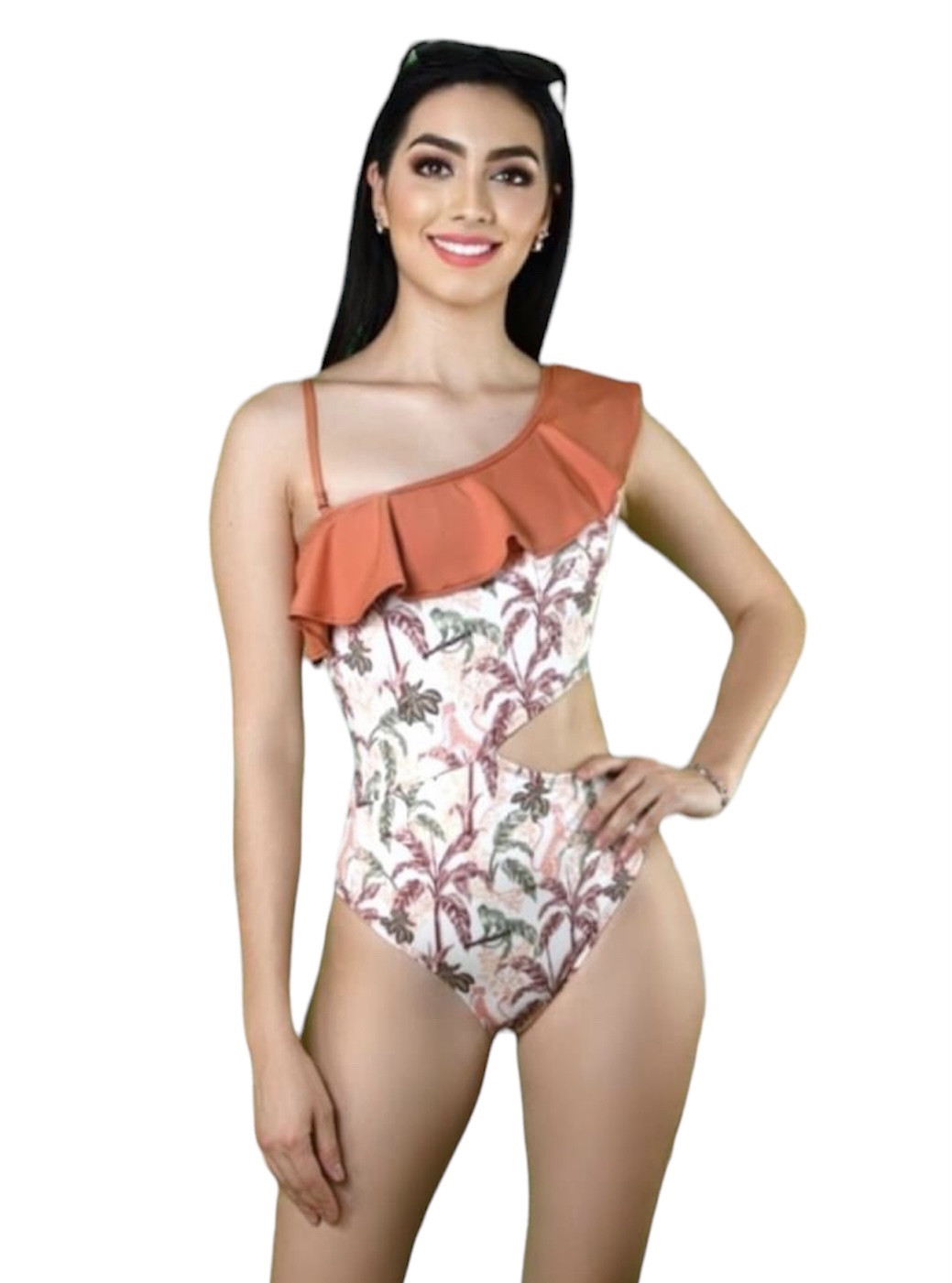 Traje de baño completo asimétrico con olán 