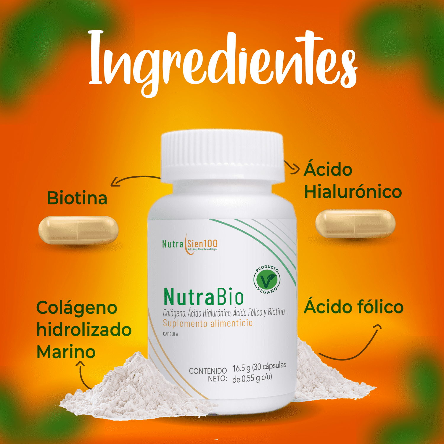 Colágeno vegano, Ácido Hialurónico, Biotina y Ácido Fólico Ideal para Cabello y Uñas 30 días