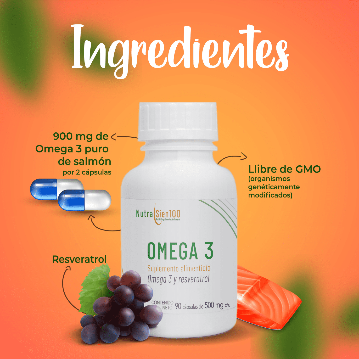 Nutrasien100 OMEGA 3 Puro de Salmón con Resveratrol 900 mg Omega 3 Alta concentración 90 cápsulas. No se repite