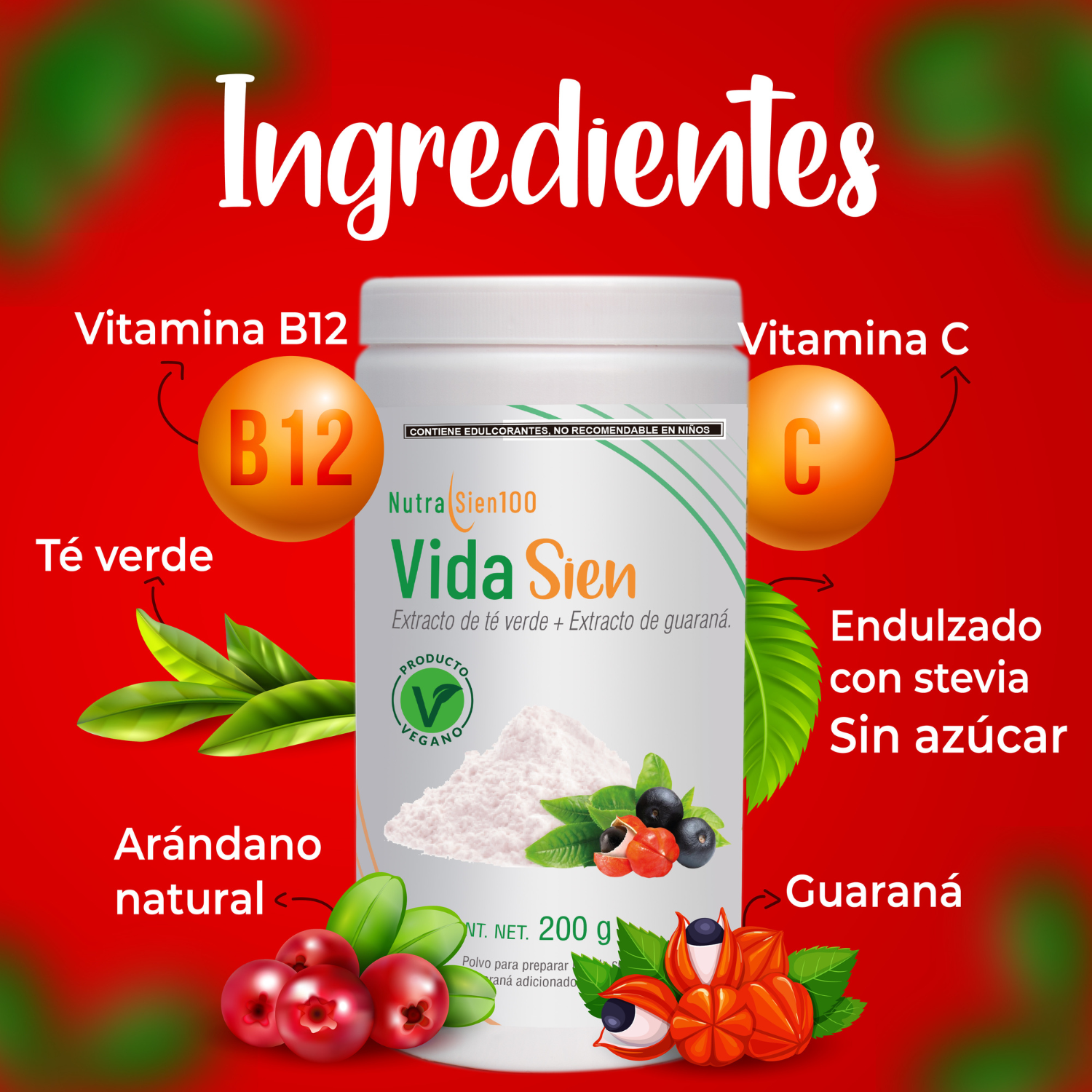 Nutrasien100 Vidasien Energizante natural en Polvo Té verde Guaraná Vit. B12 Keto Vegano Termogénico Pre workout 20 porciones