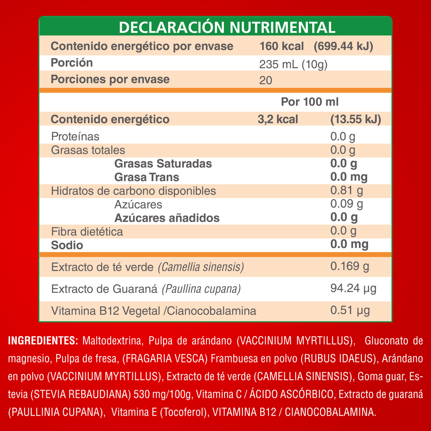 Nutrasien100 Vidasien Energizante natural en Polvo Té verde Guaraná Vit. B12 Keto Vegano Termogénico Pre workout 20 porciones