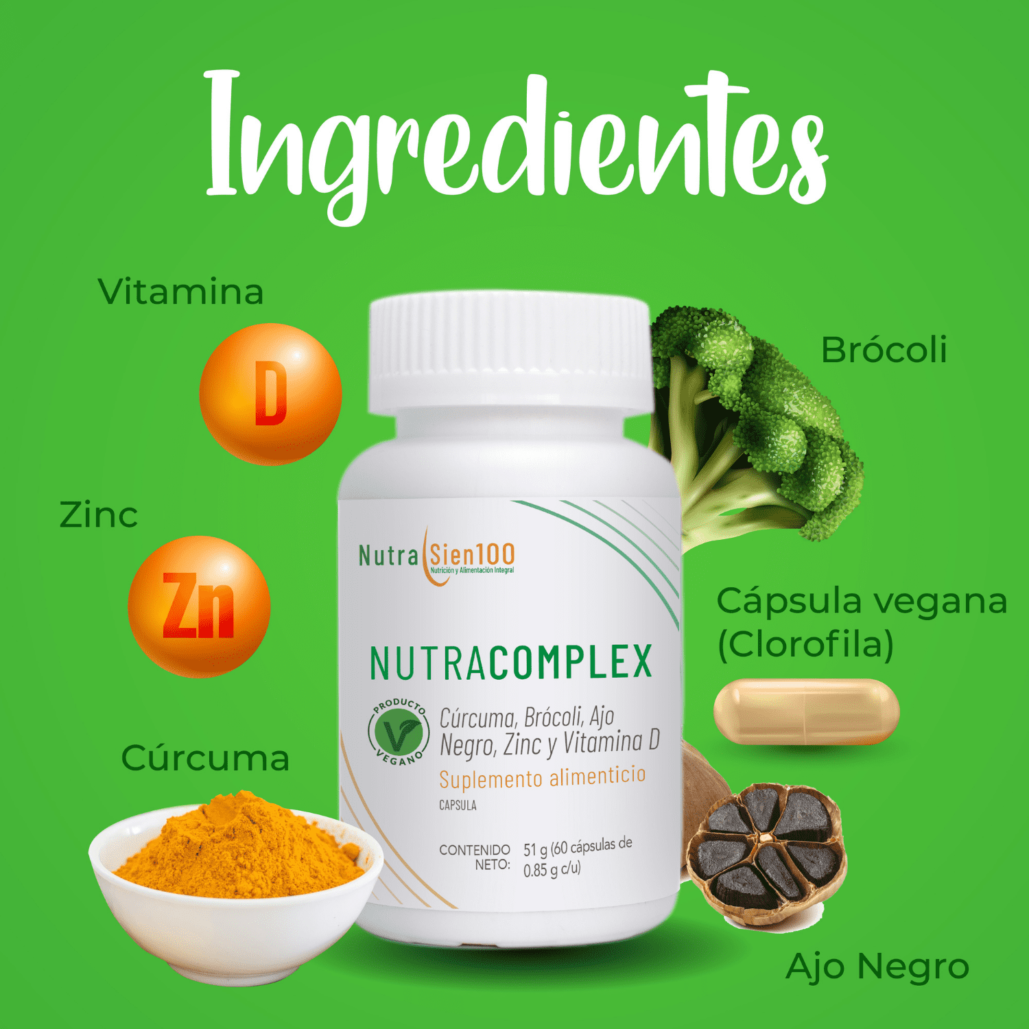 Cúrcuma orgánica con Ajo Negro, Zinc y Vitamina D | Nutracomplex | Nutrasien100 | Suplemento natural | 60 Porciones
