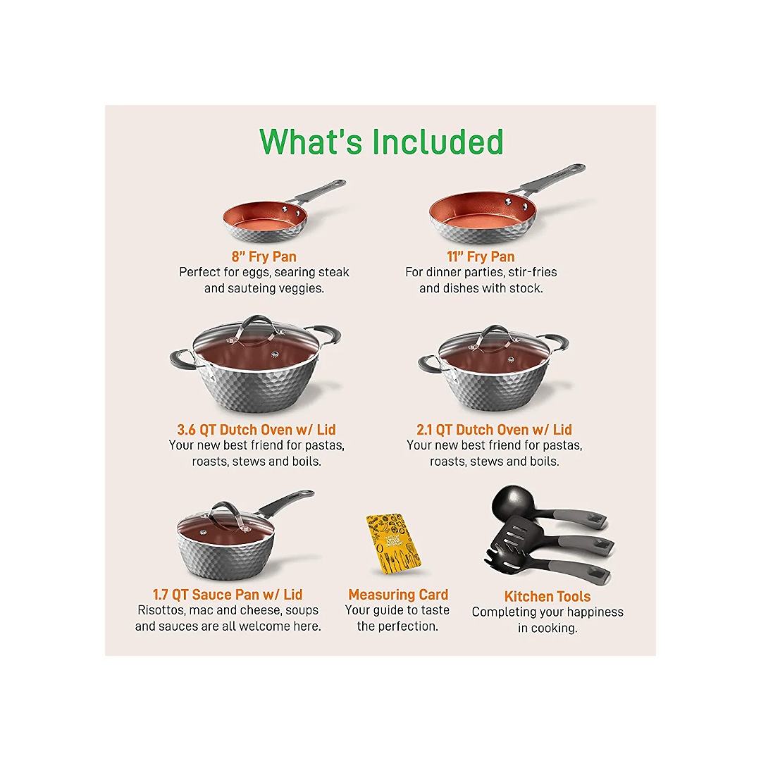 nutrichef Batería Excilon, utensilios de cocina para el hogar, juego de ollas con cacerolas, sartenes, ollas, tapas, sin PTFE/PFOA/PFOS, 11 piezas,