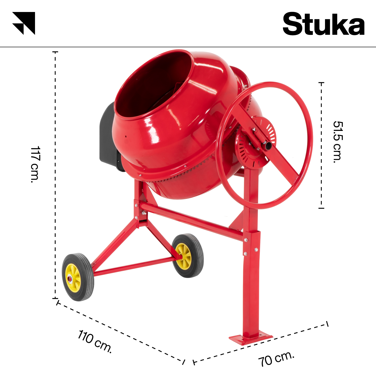 Revolvedora de Cemento Stuka Eléctrica de 160 L Motor de 1 HP Volante 110V Ruedas de Traslado Mezcladora de Cemento