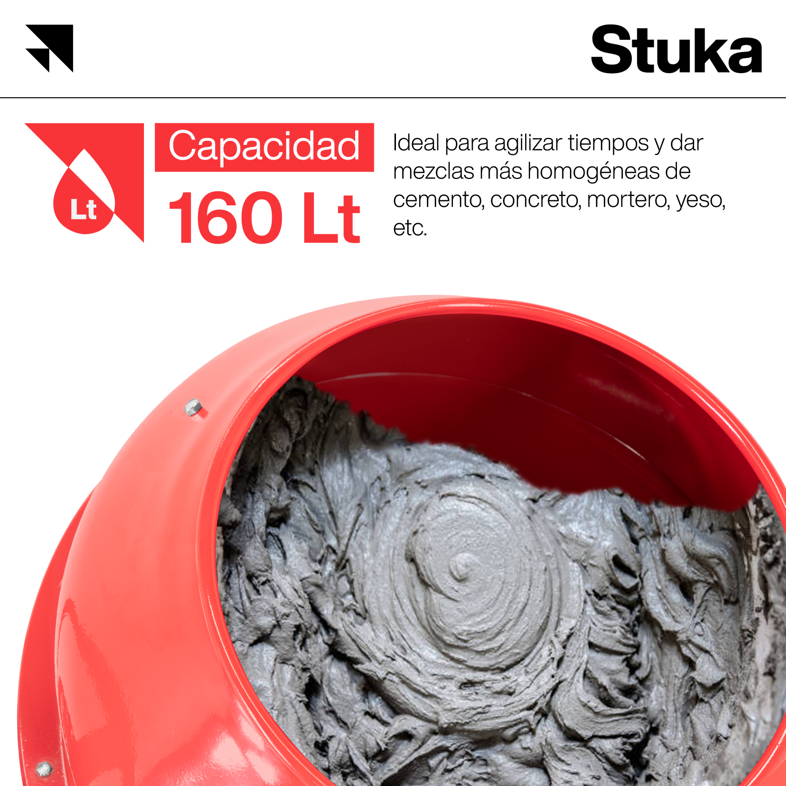 Revolvedora de Cemento Stuka Eléctrica de 160 L Motor de 1 HP Volante 110V Ruedas de Traslado Mezcladora de Cemento