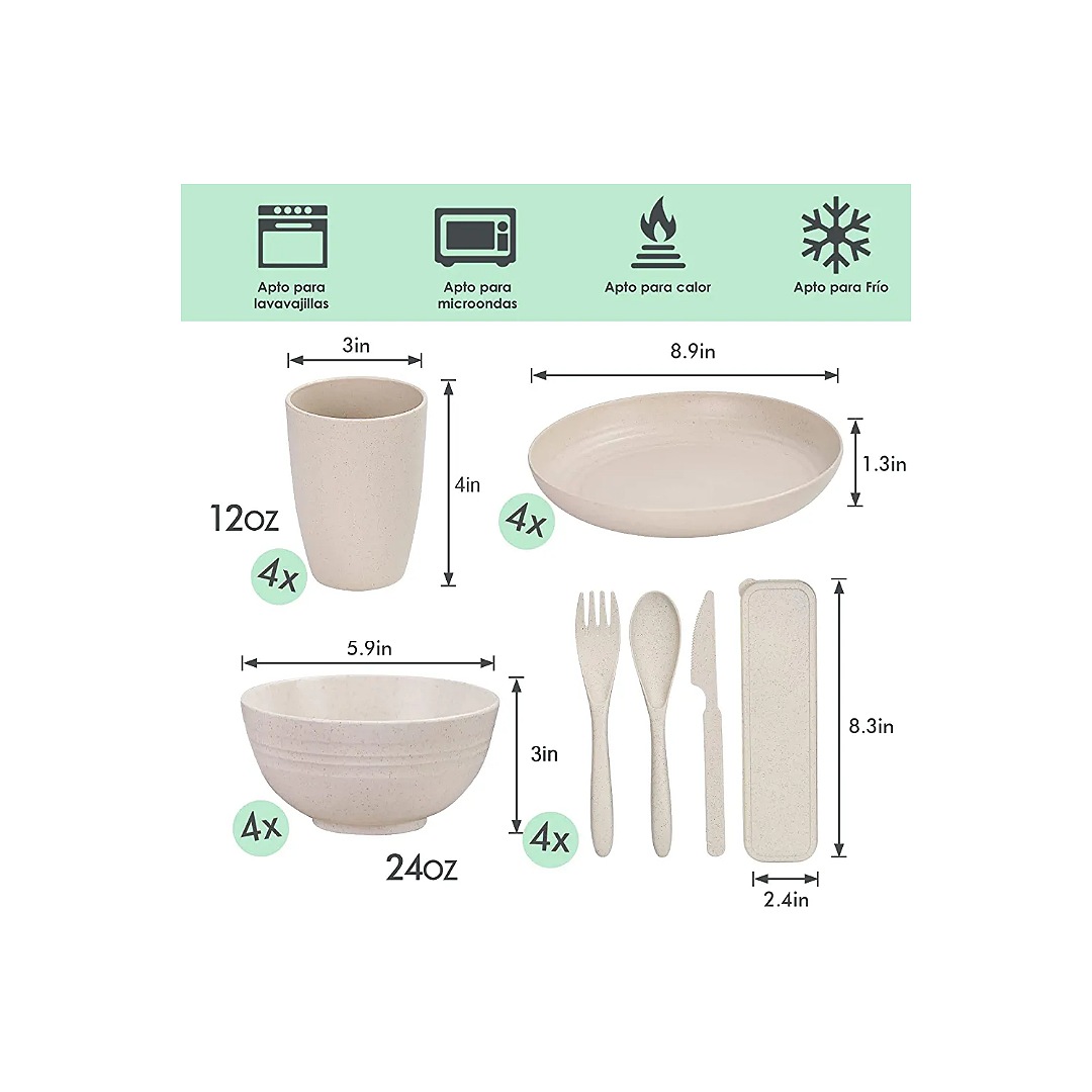 Juego de Vajilla de Paja de Trigo de 28 Piezas, Juego de Vajilla Irrompible, Servicio para 4, Apto para Microondas y Lavaplatos, Perfecto para Camping, Picnic y RV (Beige)