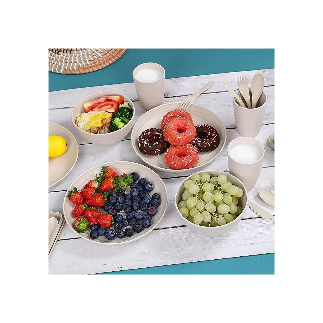 Juego de Vajilla de Paja de Trigo de 28 Piezas, Juego de Vajilla Irrompible, Servicio para 4, Apto para Microondas y Lavaplatos, Perfecto para Camping, Picnic y RV (Beige)