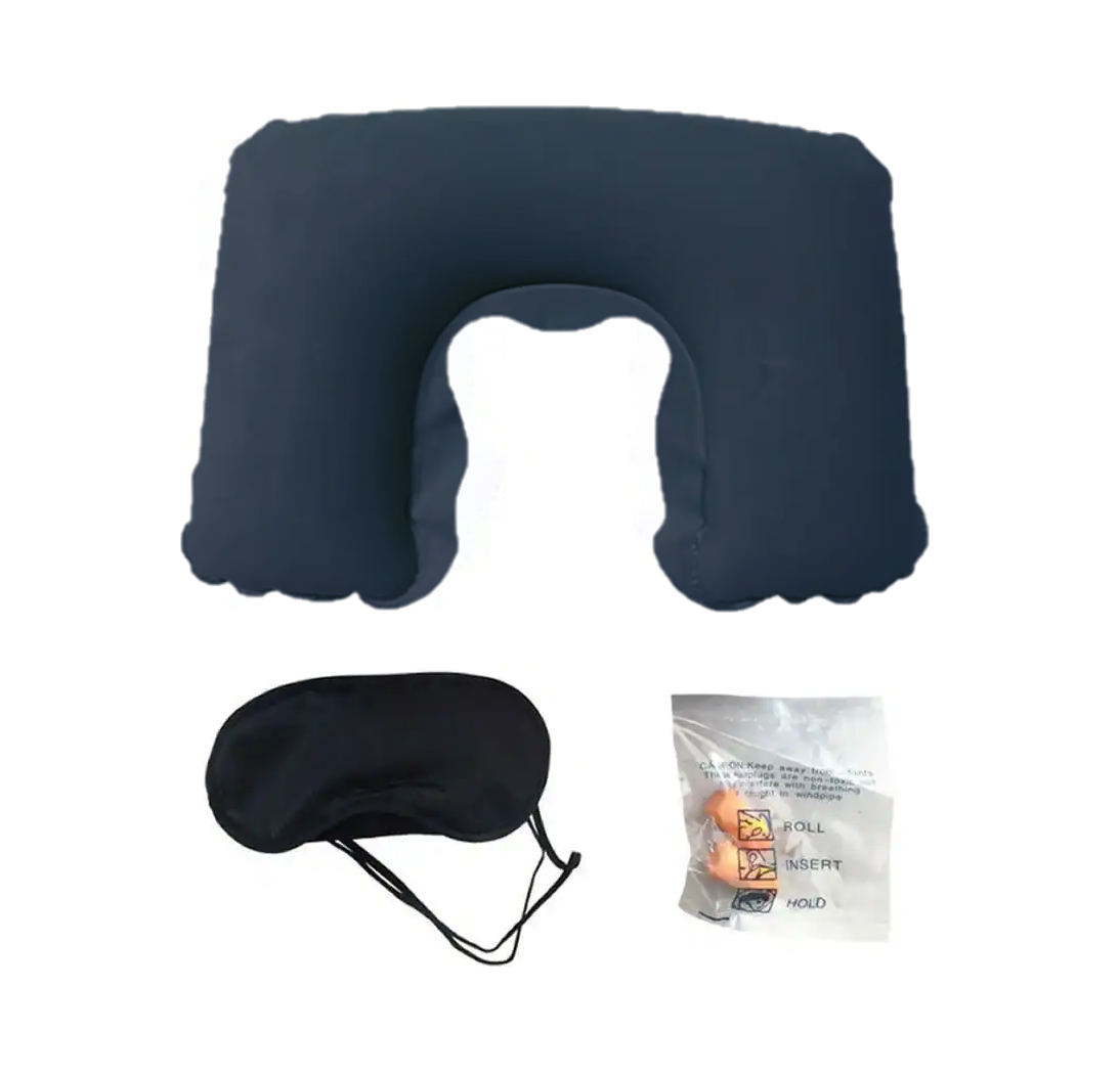 Kit Viaje Almohada Cojin Inflable Para Cuello Antifaz Tapon