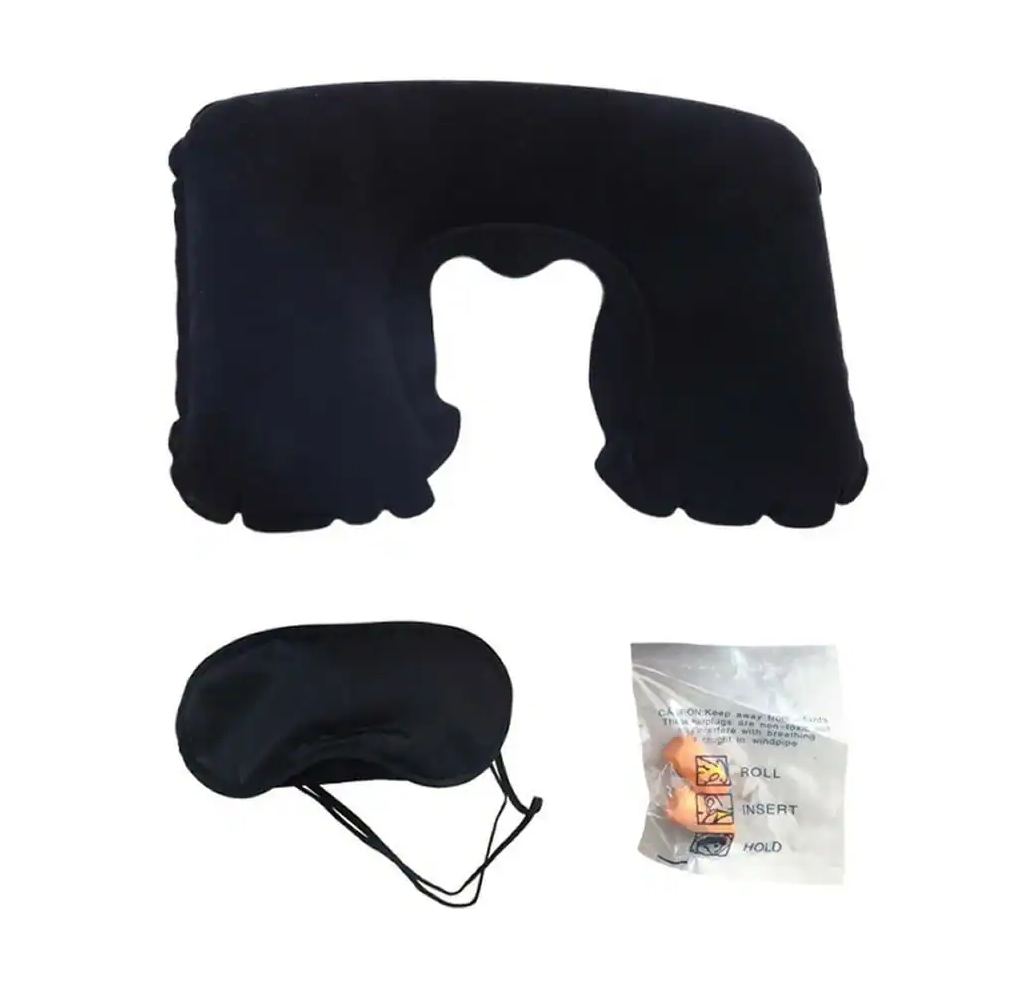Kit Viaje Almohada Cojin Inflable Para Cuello Antifaz Tapon