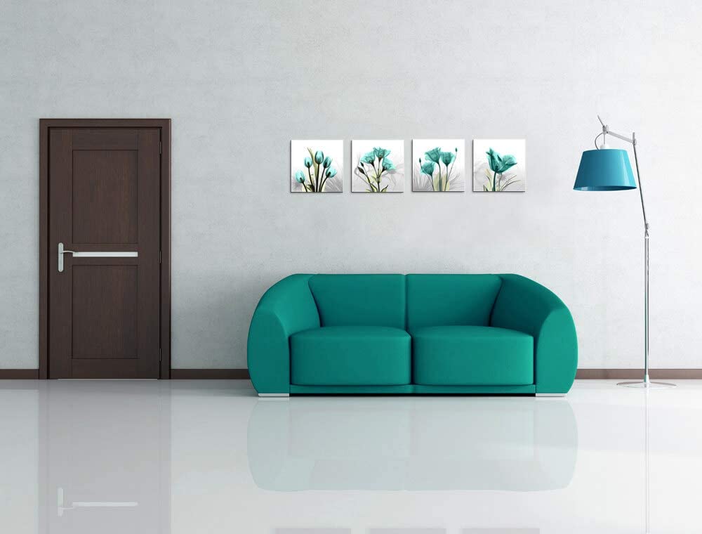 Set 4 Cuadros Decorativos Flores Verdes Canvas Arte Para Sala 30x30cm