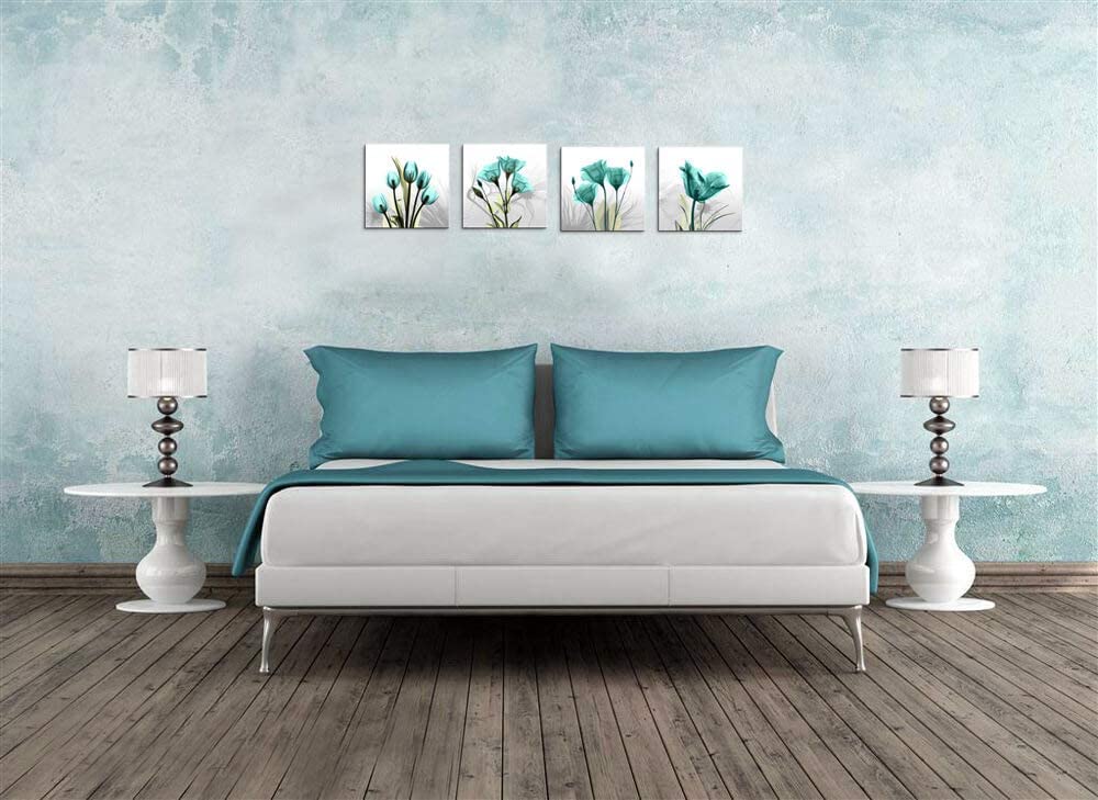 Set 4 Cuadros Decorativos Flores Verdes Canvas Arte Para Sala 30x30cm