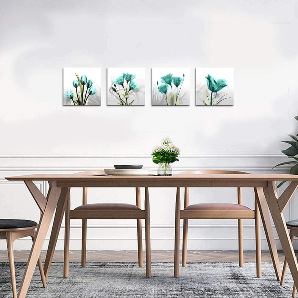 Set 4 Cuadros Decorativos Flores Verdes Canvas Arte Para Sala 30x30cm