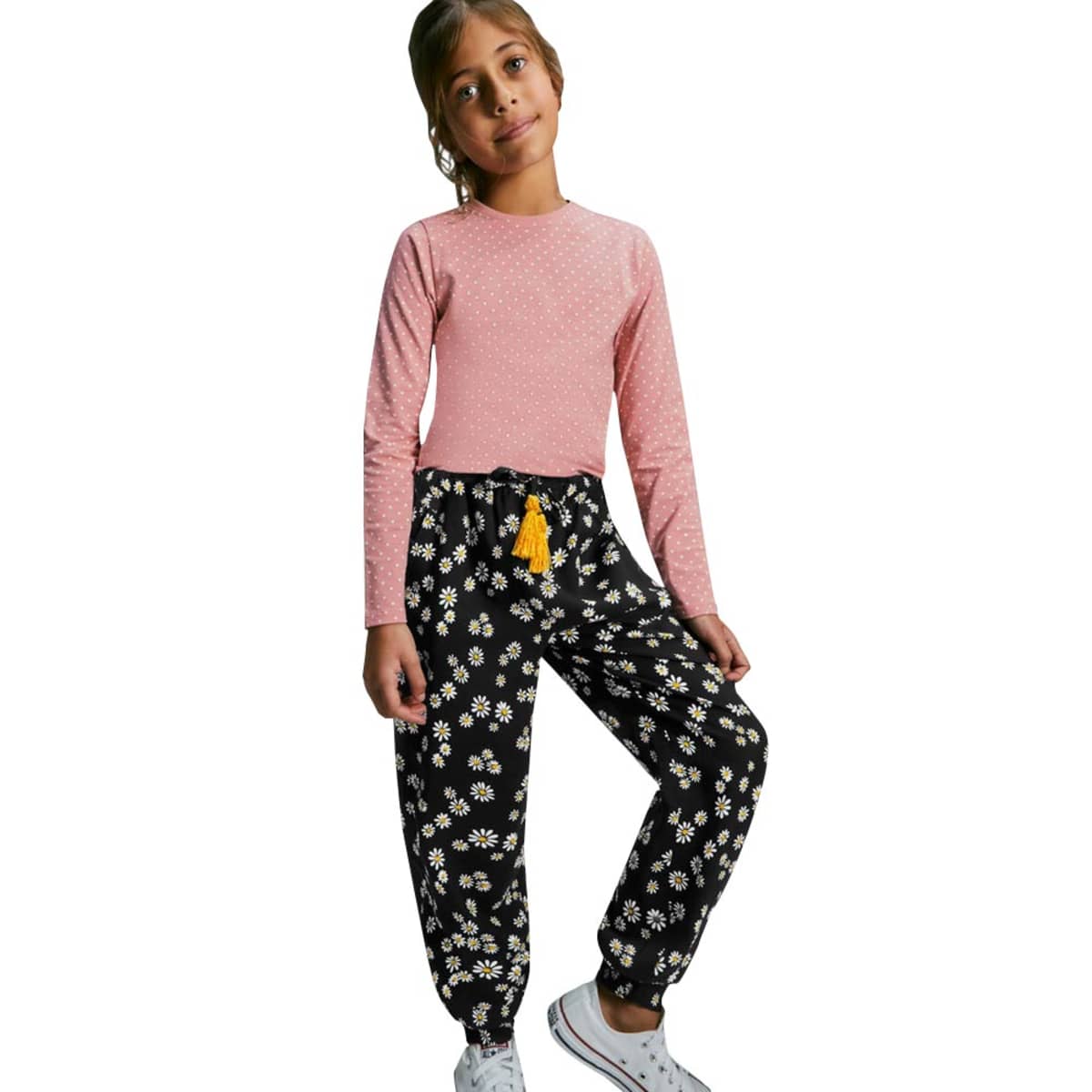 Pantalón casual para niña, color negro con flores blancas, mod. 1063896