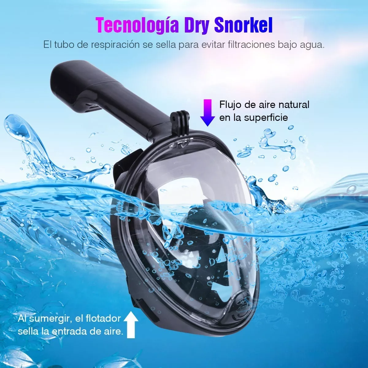 Máscara De Snorkel Buceo Gafas 180 Con Adaptador Negro S/M
