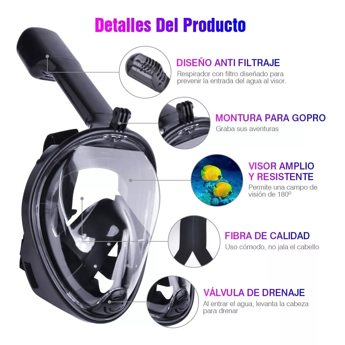 Máscara De Snorkel Buceo Gafas 180 Con Adaptador Negro S/M