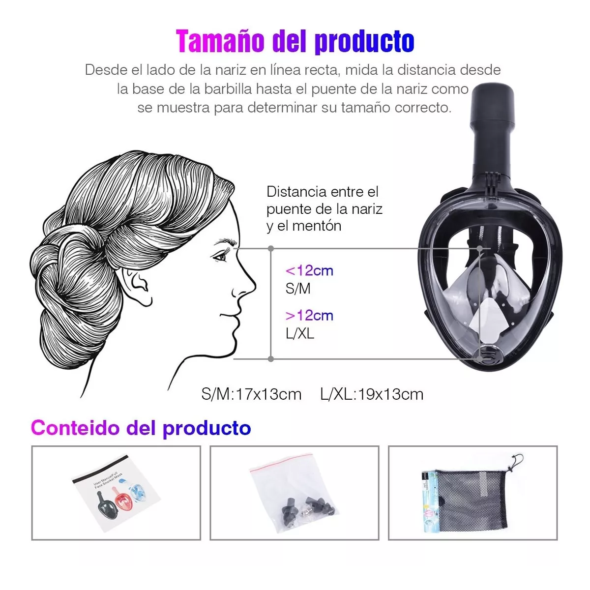 Máscara De Snorkel Buceo Gafas 180 Con Adaptador Negro S/M