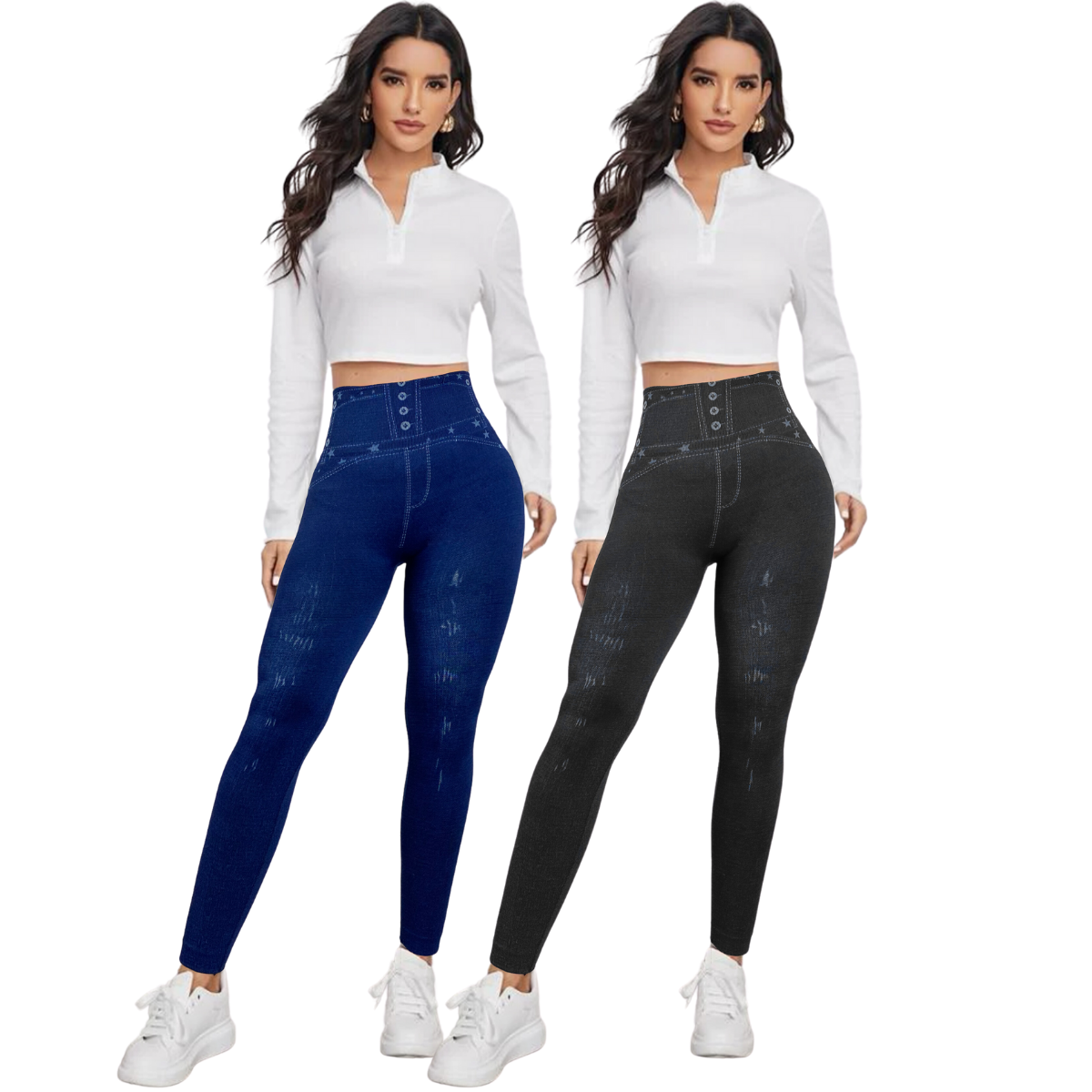 Set 2 Leggins Mujer Mezclilla Faja Alta Mallas Gruesa Mayon 