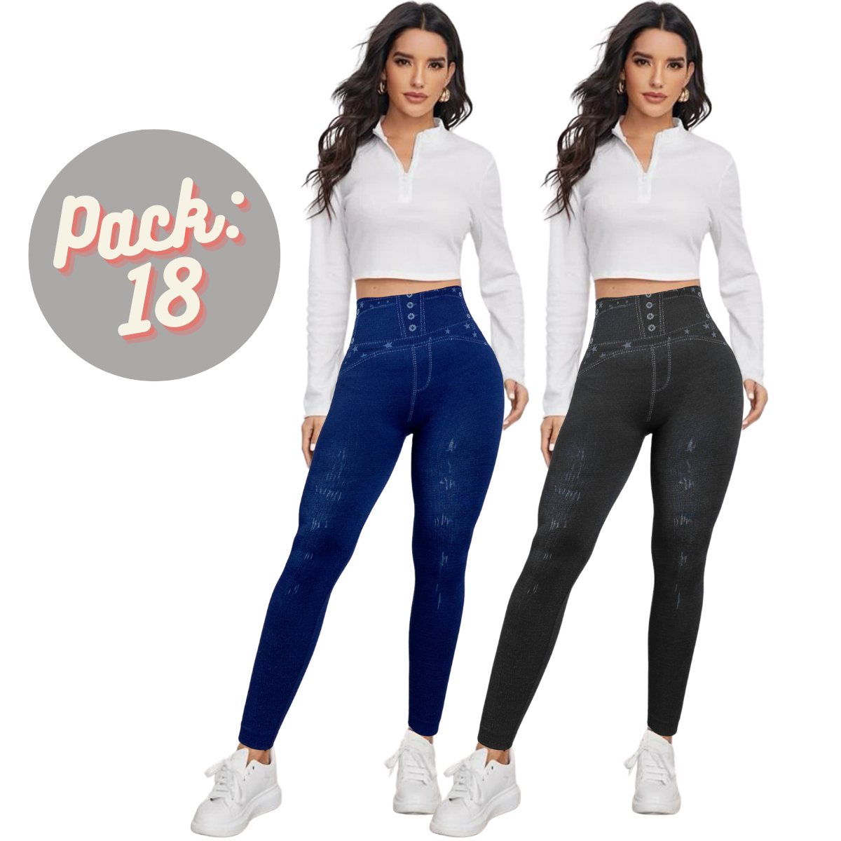 Set 2 Leggins Mujer Mezclilla Faja Alta Mallas Gruesa Mayon 