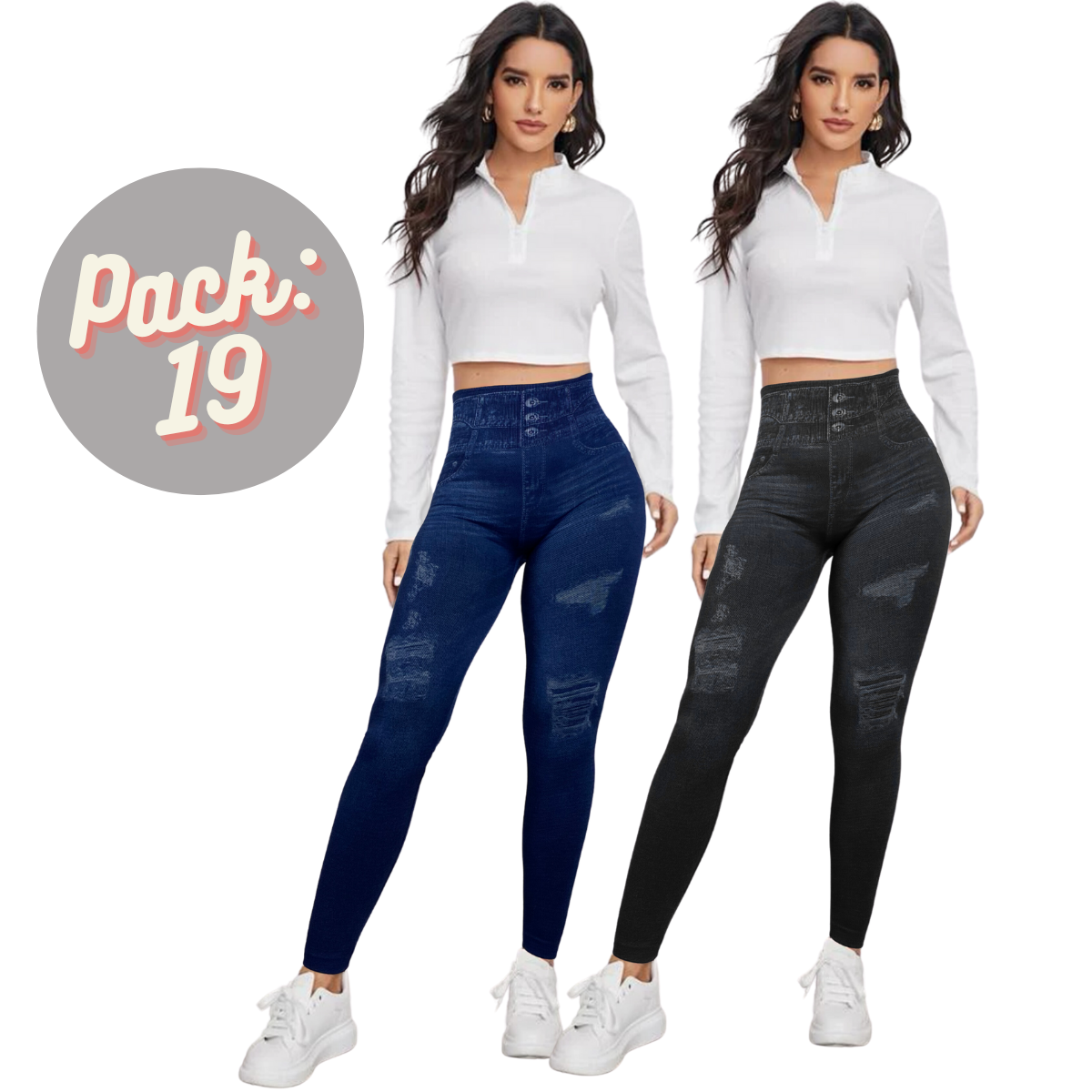 Set 2 Leggins Mujer Mezclilla Faja Alta Mallas Gruesa Mayon 