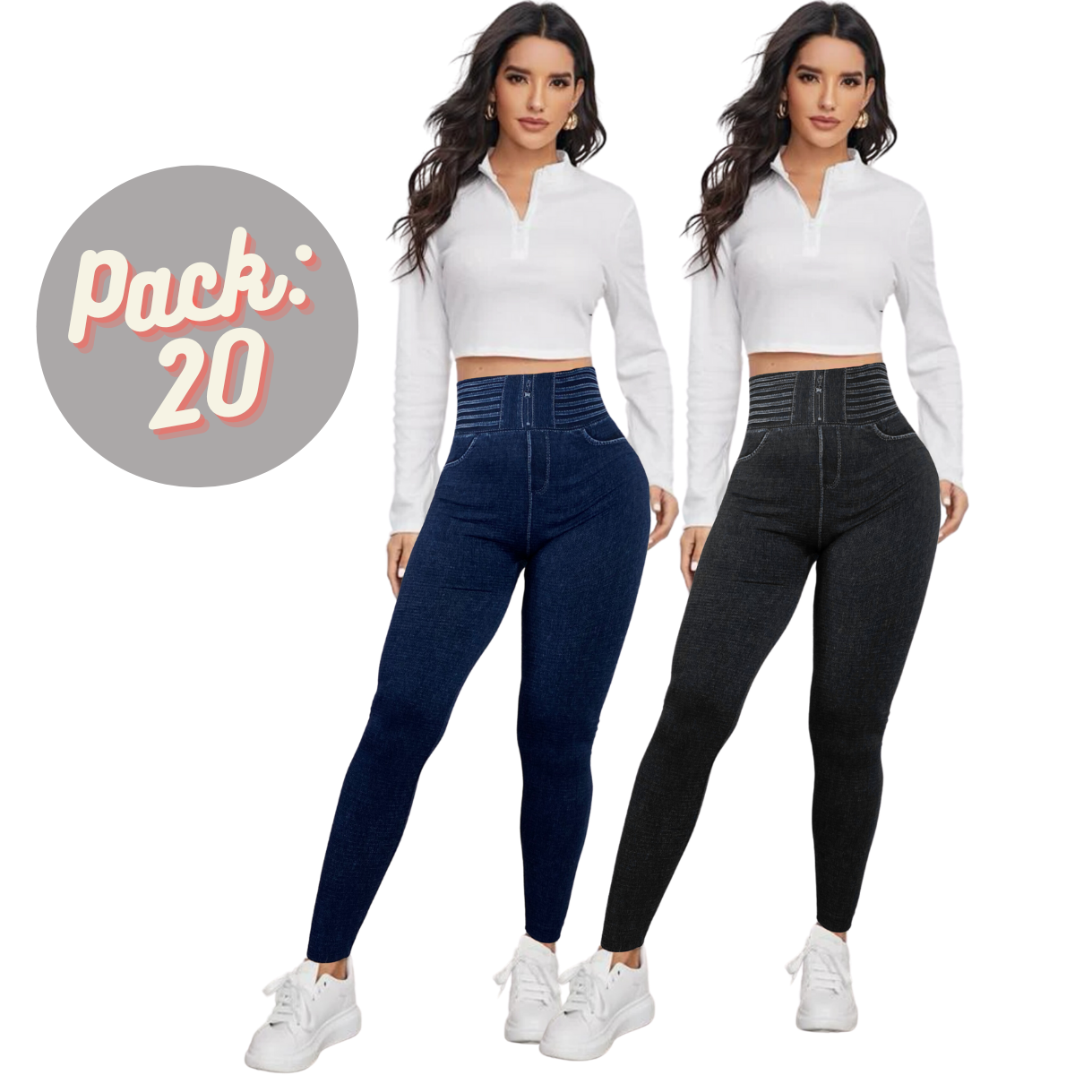 Set 2 Leggins Mujer Mezclilla Faja Alta Mallas Gruesa Mayon 