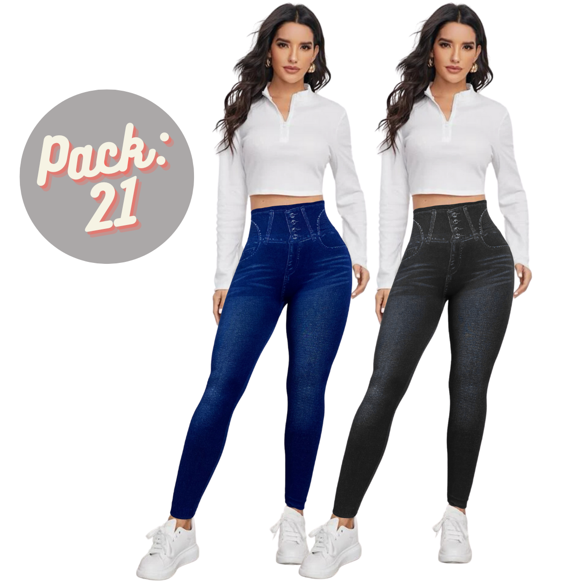 Set 2 Leggins Mujer Mezclilla Faja Alta Mallas Gruesa Mayon 