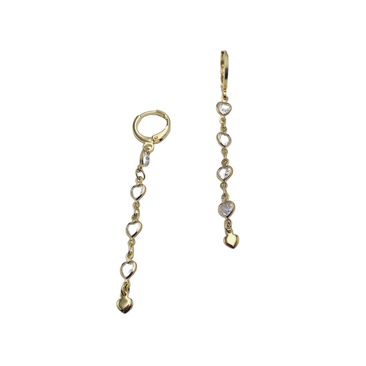 Aretes arracadita con corazones cristal transparente-Baño de oro 18K- aretes dorados, aretes largos.