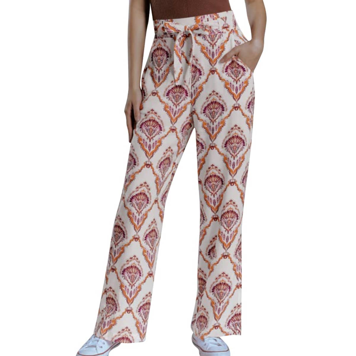 Pantalón casual color marfil de cintura alta y pierna ancha, mod. 1065919