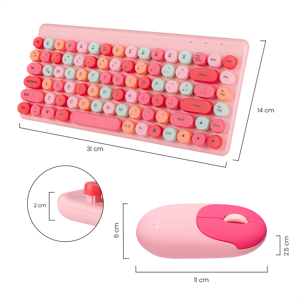 Teclado Y Mouse Inalámbrico Diseño Retro Teclas Removibles Rosa