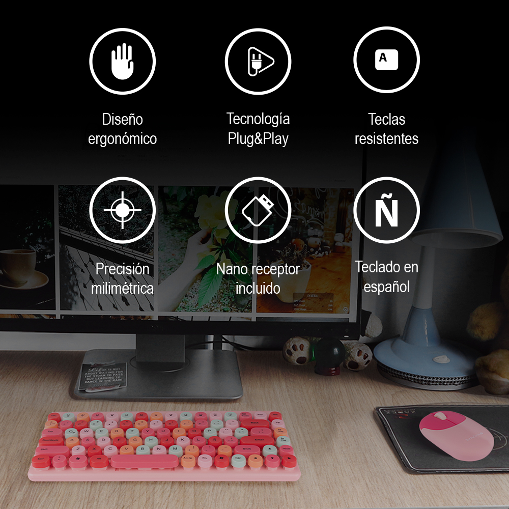 Teclado Y Mouse Inalámbrico Diseño Retro Teclas Removibles Rosa