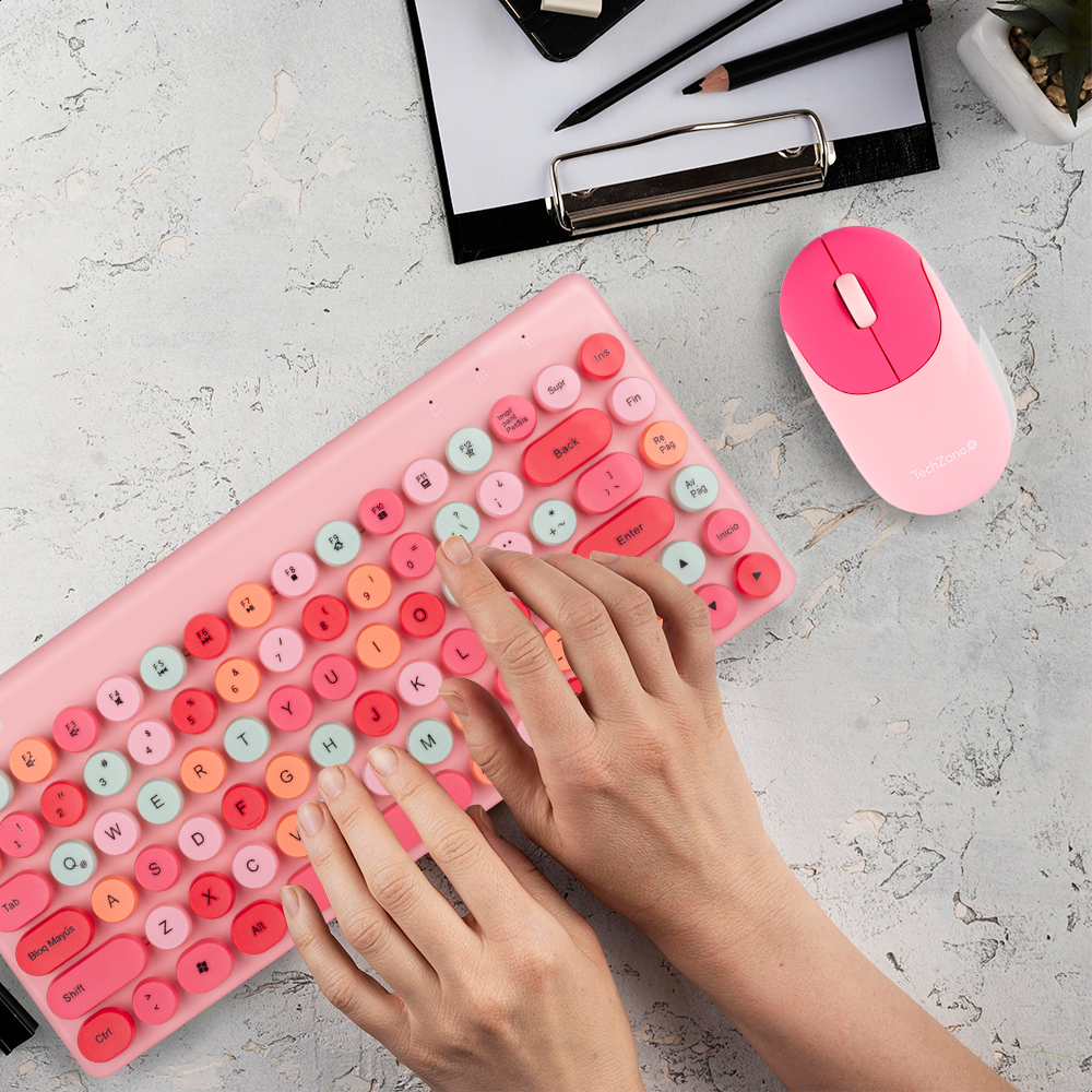 Teclado Y Mouse Inalámbrico Diseño Retro Teclas Removibles Rosa