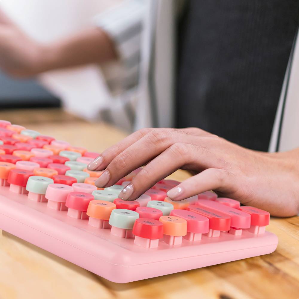Teclado Y Mouse Inalámbrico Diseño Retro Teclas Removibles Rosa