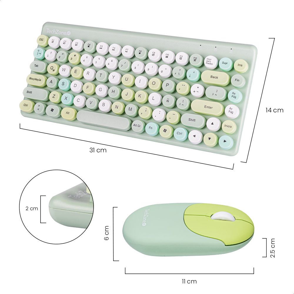 Teclado Y Mouse Inalámbrico Diseño Retro Teclas Removibles Verde