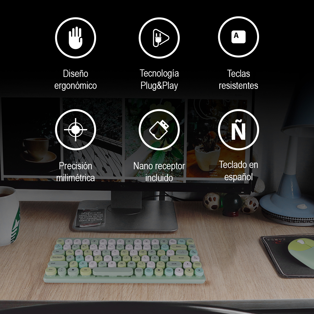 Teclado Y Mouse Inalámbrico Diseño Retro Teclas Removibles Verde