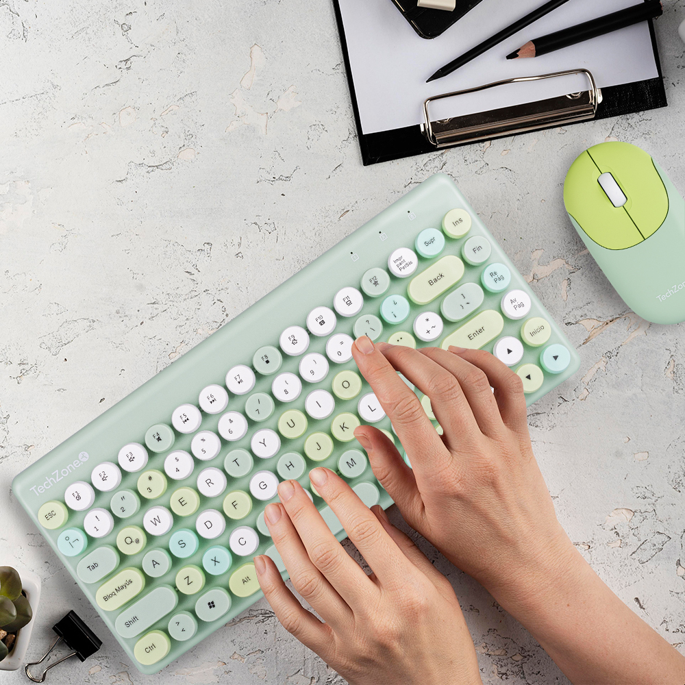Teclado Y Mouse Inalámbrico Diseño Retro Teclas Removibles Verde