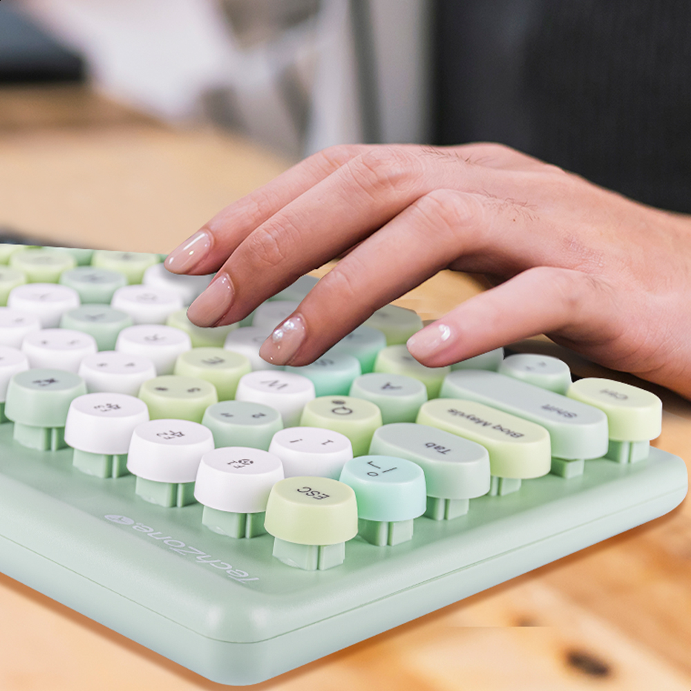 Teclado Y Mouse Inalámbrico Diseño Retro Teclas Removibles Verde