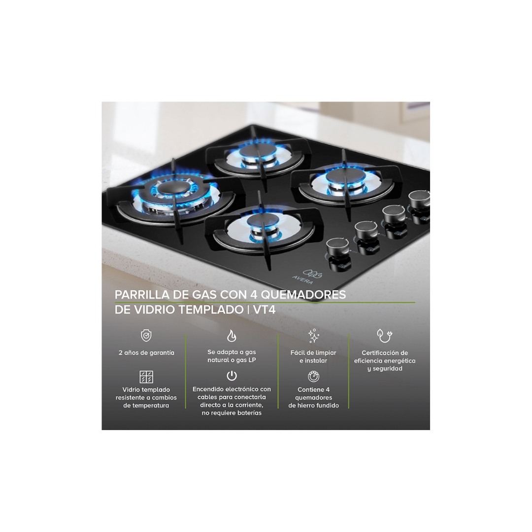 Parrilla de Gas Avera 4 Quemadores Vidrio Templado VT4.