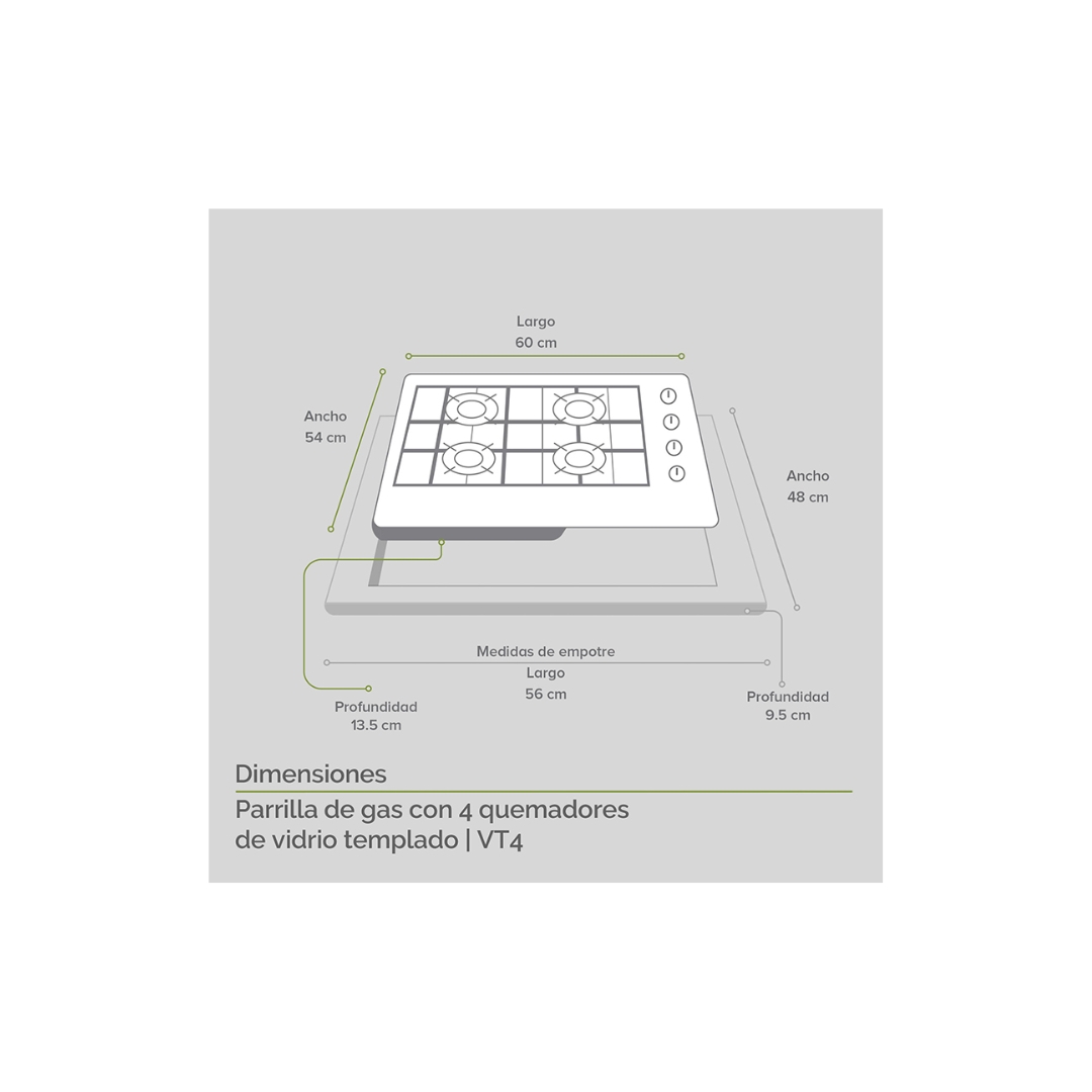 Parrilla de Gas Avera 4 Quemadores Vidrio Templado VT4.