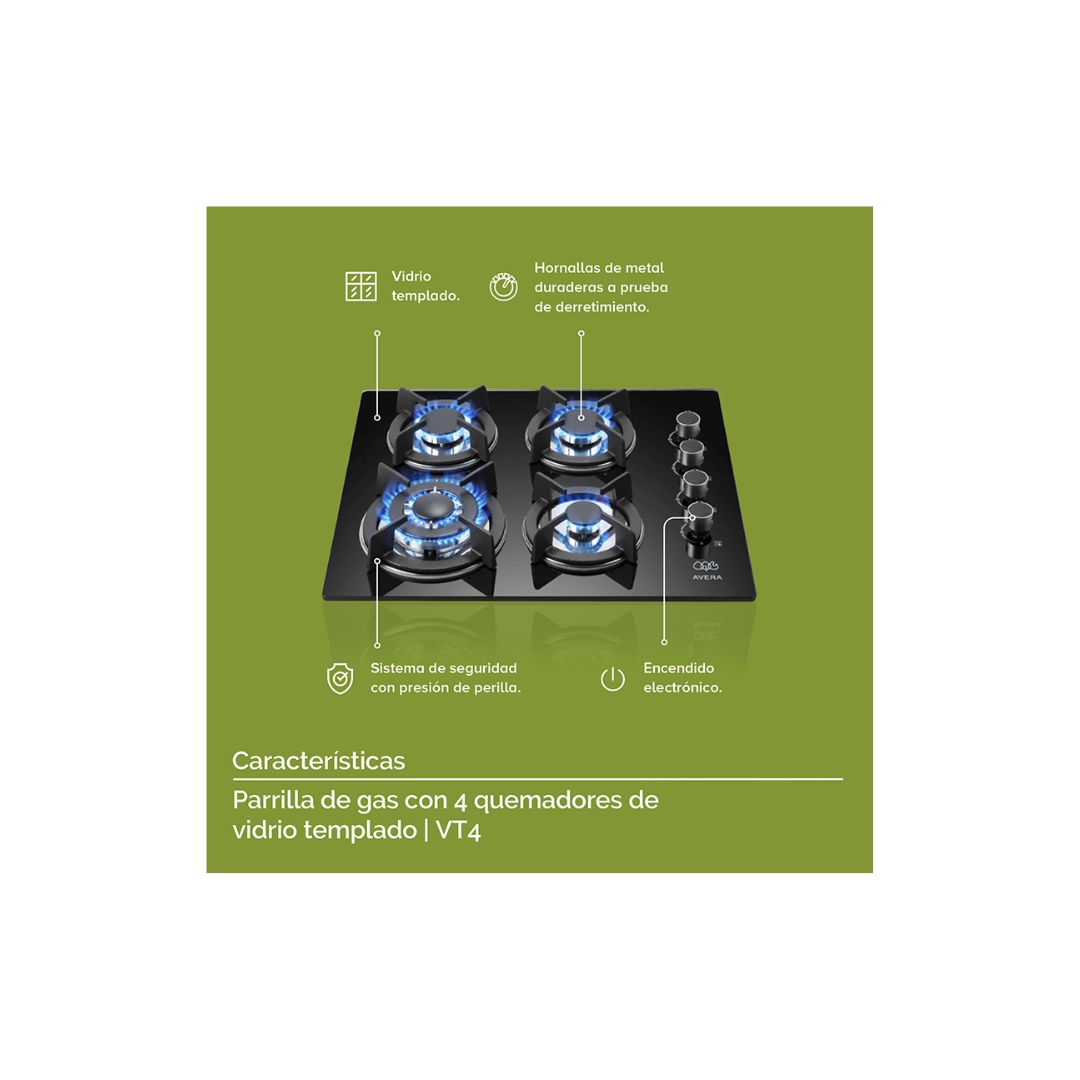 Parrilla de Gas Avera 4 Quemadores Vidrio Templado VT4.