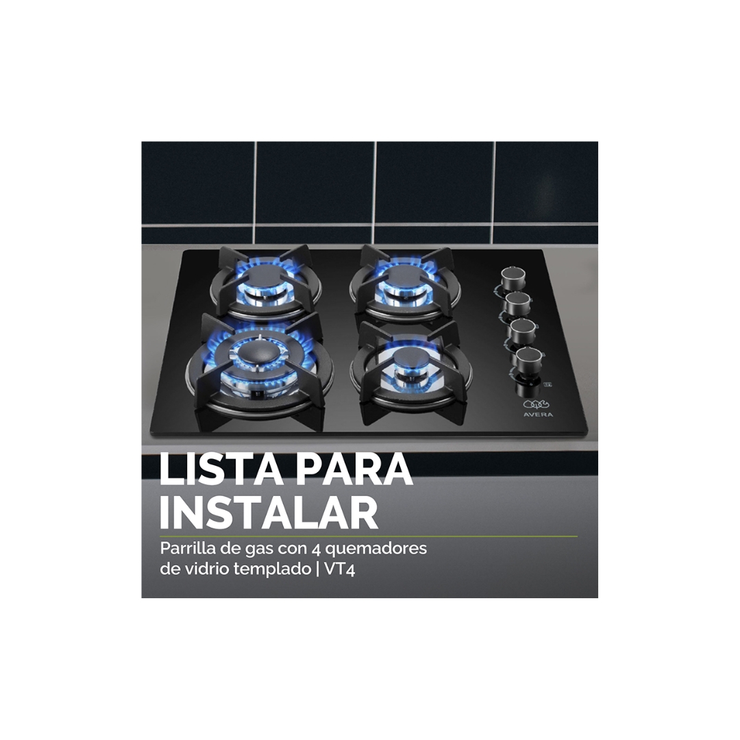 Parrilla de Gas Avera 4 Quemadores Vidrio Templado VT4.