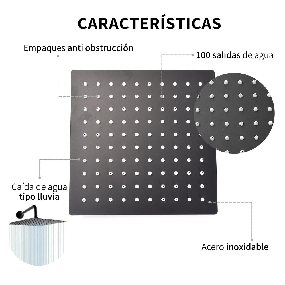 Kit Regadera Lluvia Cuadrada Negra Lujo Monomando Y Telefono