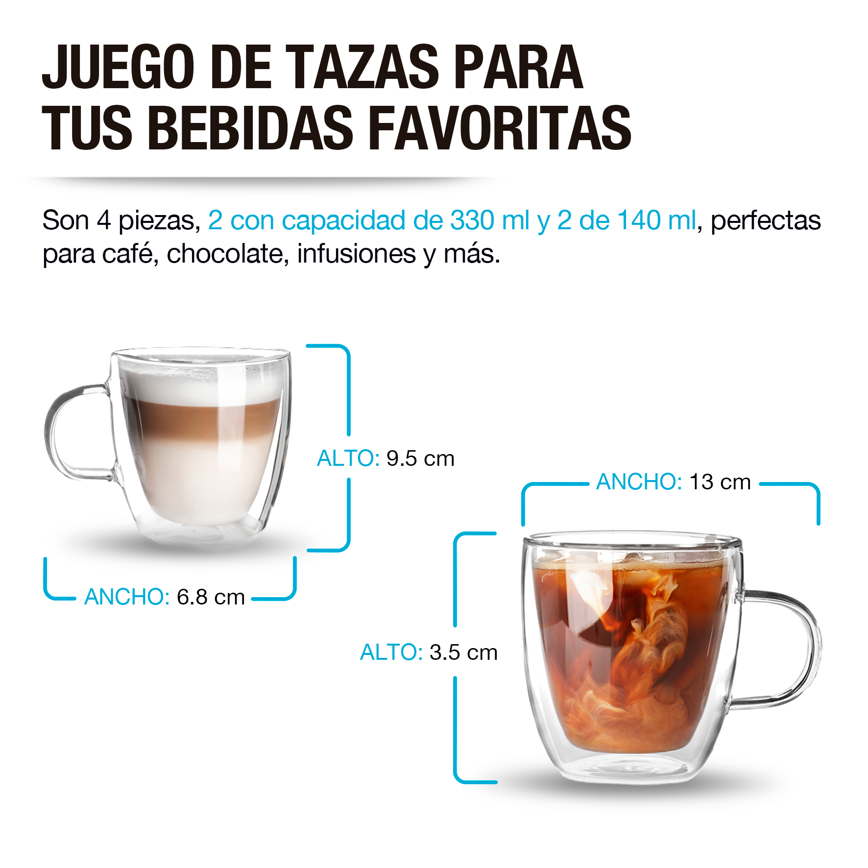 Tazas para Café Doble Pared 330ml y 140ml 4 Pz Resistentes CASA LITUS