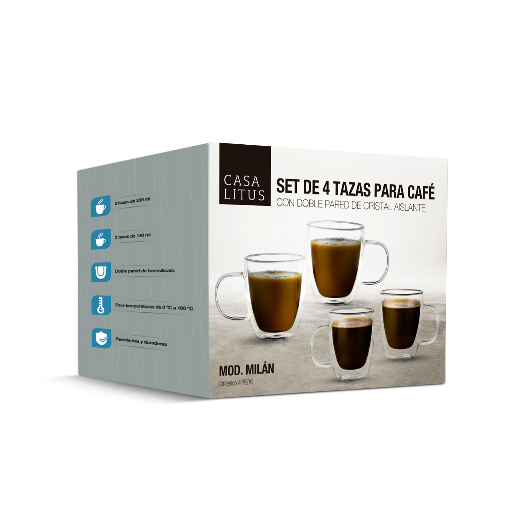 Tazas para Café Doble Pared 330ml y 140ml 4 Pz Resistentes CASA LITUS