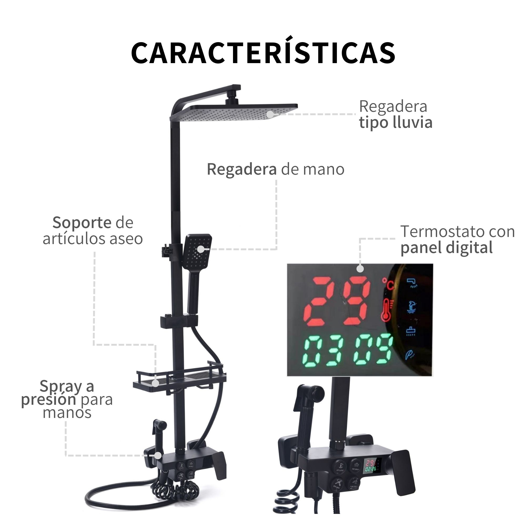 Kit De Regadera Digital Tipo Lluvia Cascada Con Termostato