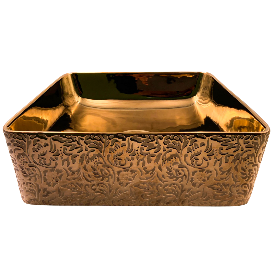 Lavabo Cerámico para Baño CAI, forma cuadrada en color cobre brillante, con acabado metalizado y textura. De sobreponer con diseño europeo ideal para todo tipo de baños. Dimensiones 36.5x36.5x13.5 cms.