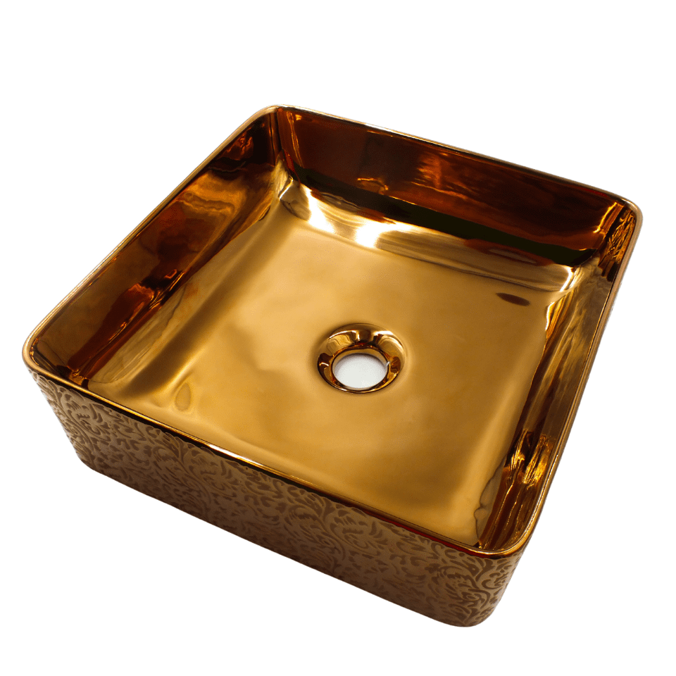 Lavabo Cerámico para Baño CAI, forma cuadrada en color cobre brillante, con acabado metalizado y textura. De sobreponer con diseño europeo ideal para todo tipo de baños. Dimensiones 36.5x36.5x13.5 cms.
